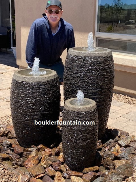 Set Of Three Round Broken Slate Pot Fountain
